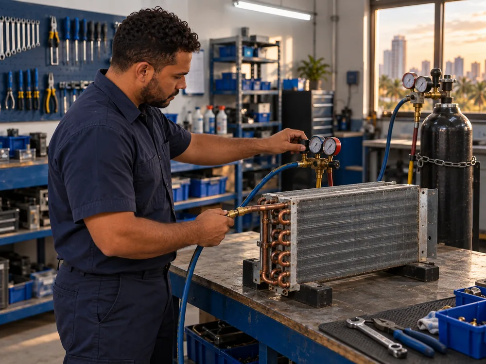 Técnico da Thermtec executando ar-condicionado seminovo com instalação inclusa e garantia em atendimento no Ceará