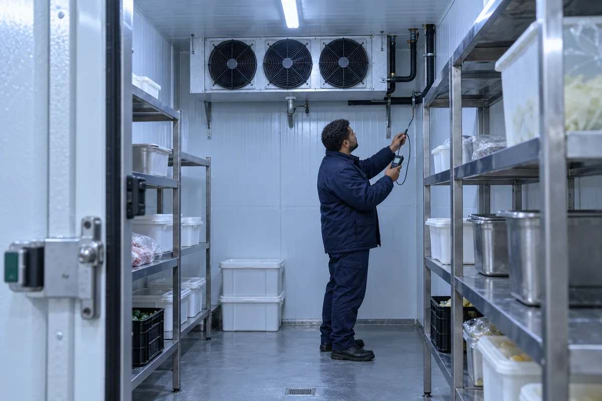Técnico da Thermtec realizando manutenção em unidade condensadora de câmara fria industrial