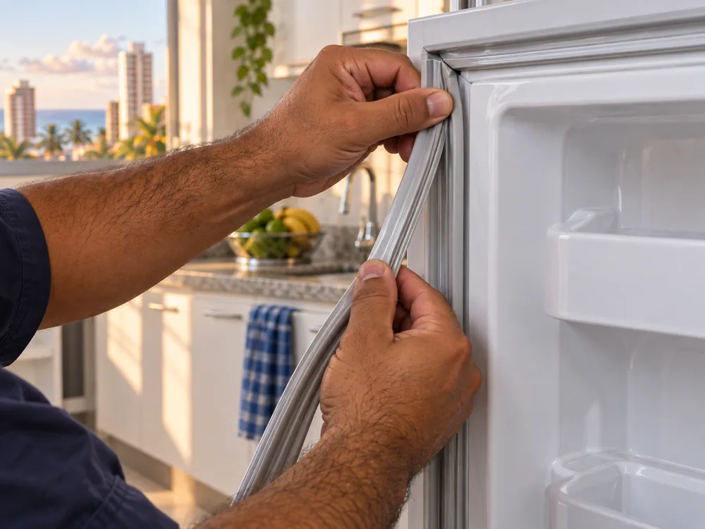 Técnico da Thermtec executando conserto de geladeira e freezer em atendimento no Ceará