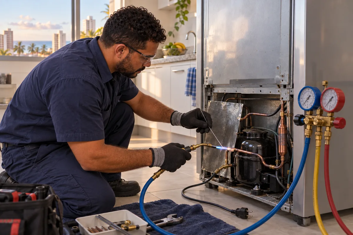 Técnico especialista da Thermtec realizando conserto e recarga de gás em geladeira residencial