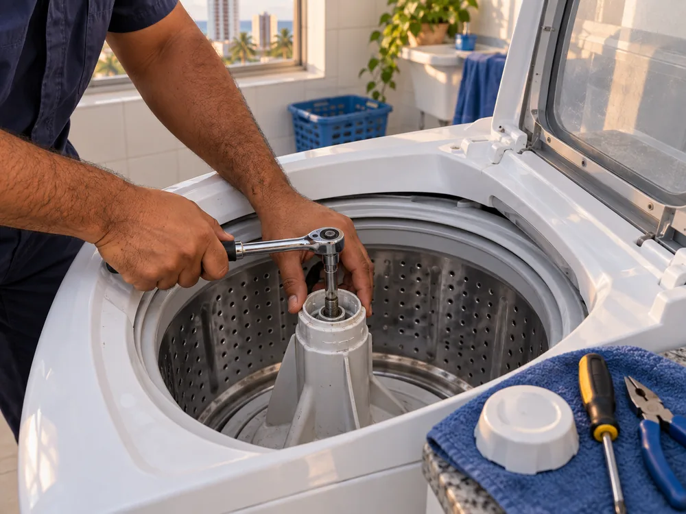 Técnico da Thermtec executando conserto de máquina de lavar e lava e seca em atendimento no Ceará
