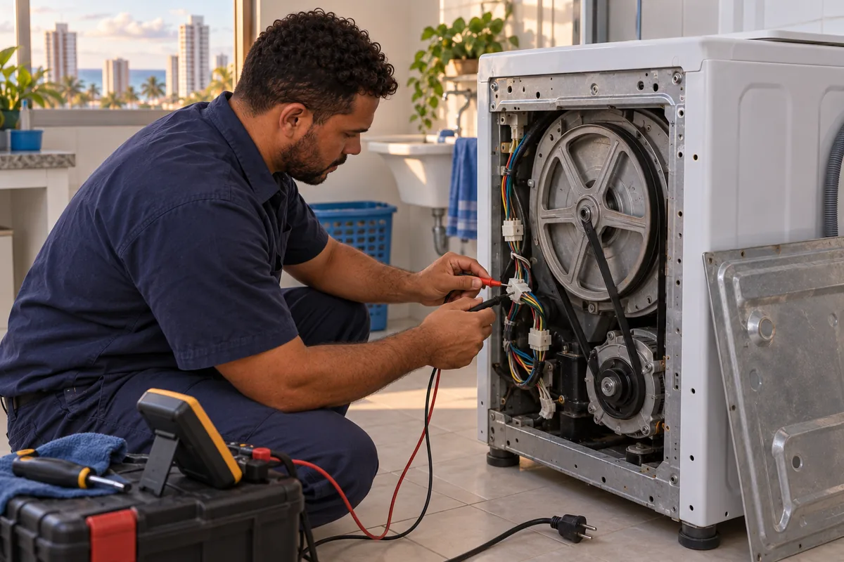 Técnico da Thermtec realizando conserto e teste de centrifugação em máquina de lavar roupas