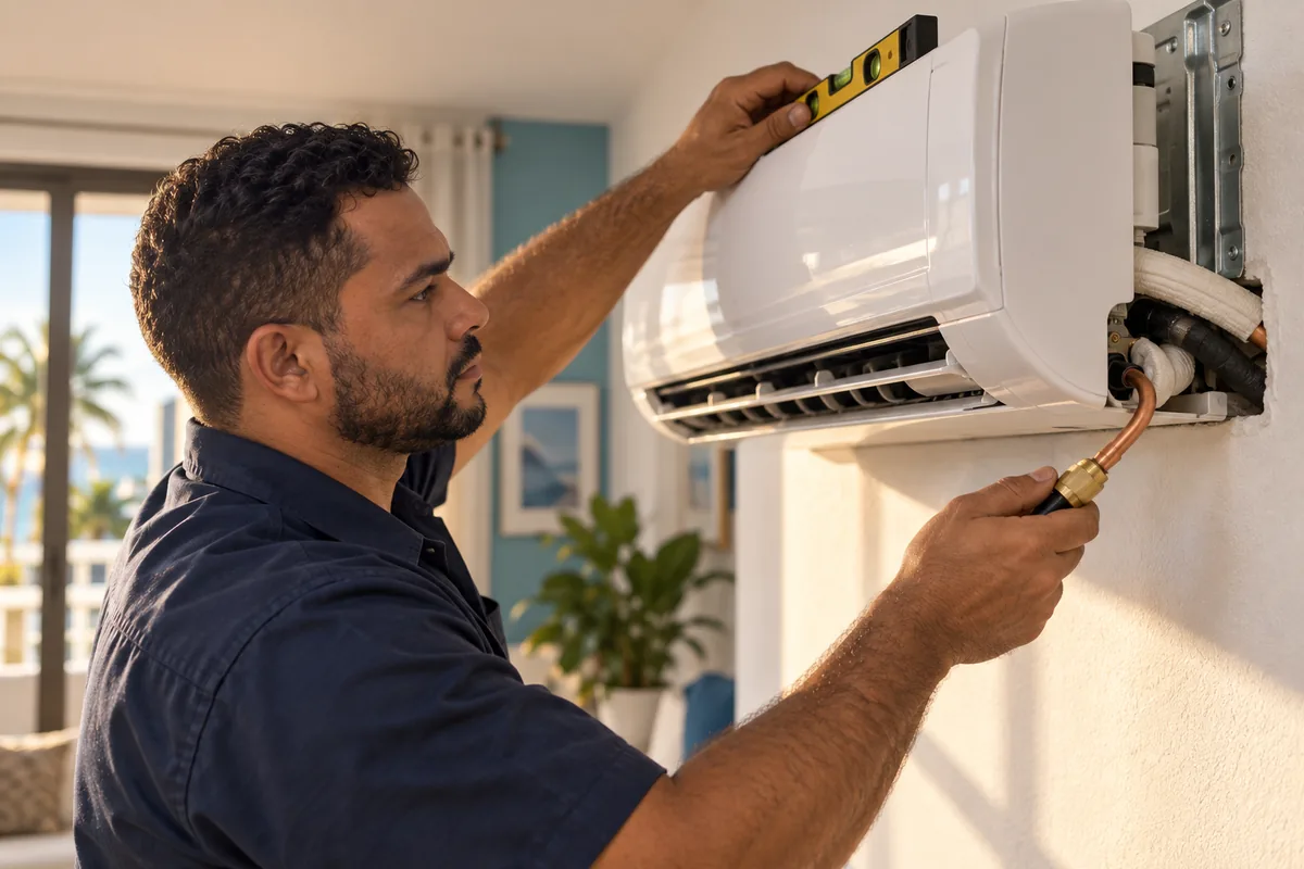 Técnico da Thermtec instalando unidade evaporadora de ar-condicionado split com tubulação de cobre
