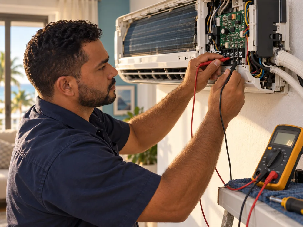 Técnico da Thermtec executando manutenção de ar-condicionado em atendimento no Ceará