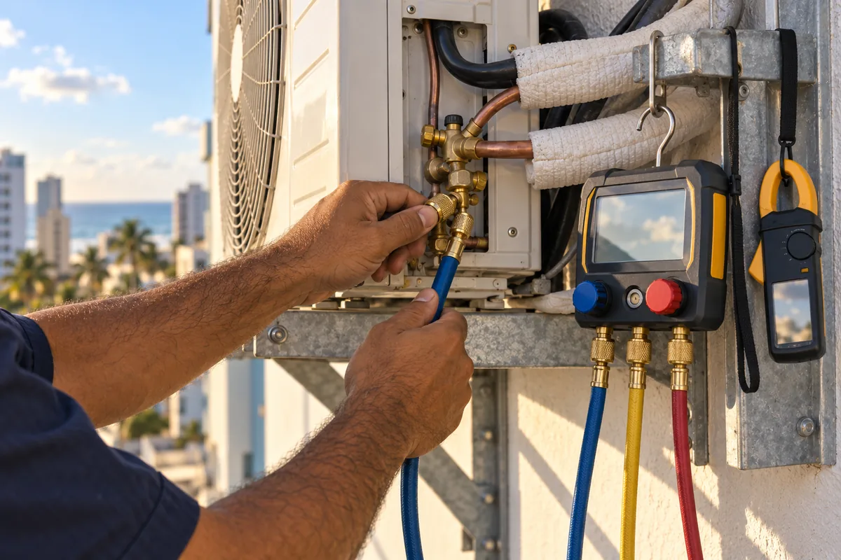 Técnico da Thermtec realizando manutenção corretiva e aferição de pressão de gás em condensadora