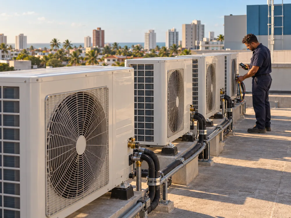 Técnico da Thermtec executando pmoc e contrato de manutenção de ar-condicionado para empresas em atendimento no Ceará