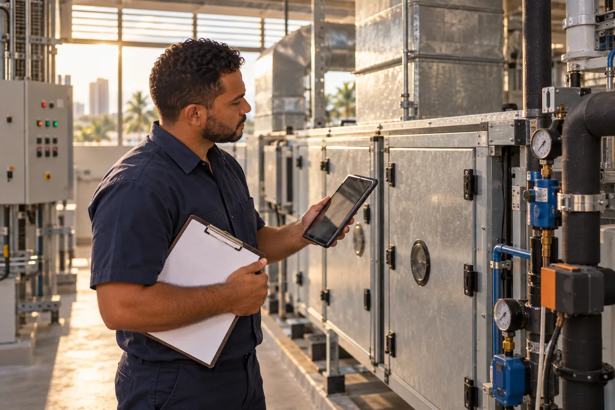 Engenheiro e técnico da Thermtec inspecionando central de ar-condicionado empresarial para emissão de PMOC