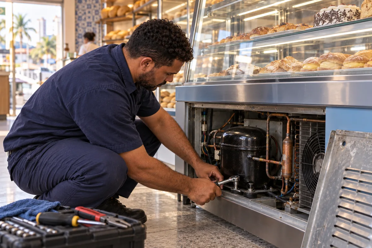 Técnico da Thermtec realizando manutenção preventiva em balcão expositor refrigerado comercial